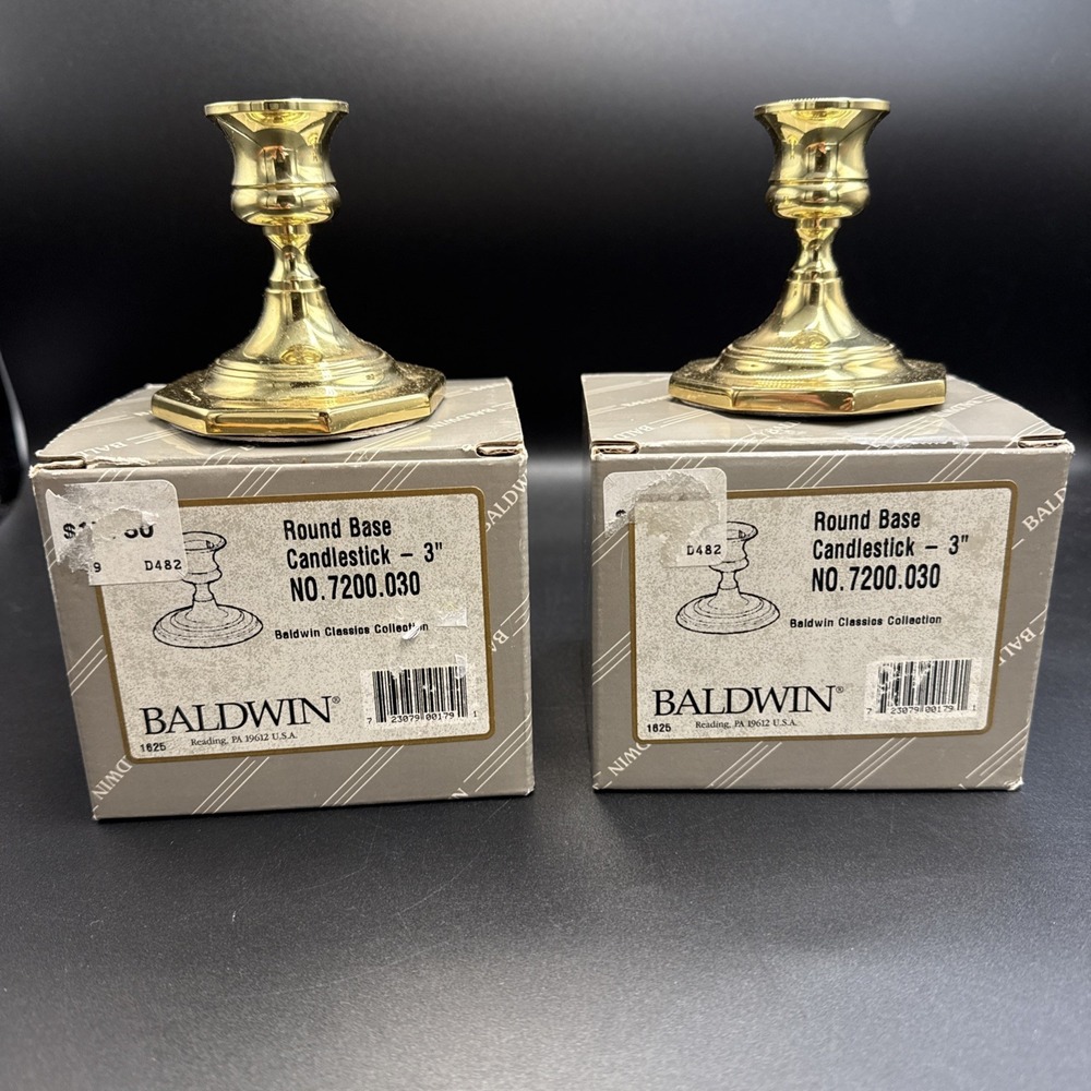 2 Vintage Baldwin  3" Tall Solid Brass Round Candlestick Holder padded base